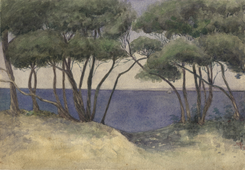 Painting of green trees along an earth ledge, an expanse of blue water to the horizon behind.