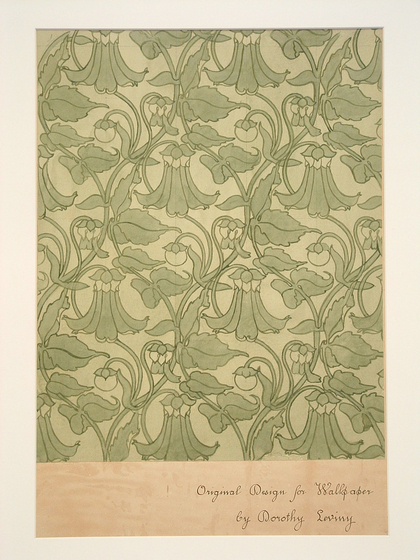 Wallpaper sample with repeating green floral and leaf pattern. Text handwritten at bottom of sample rads 'Original Design for Wallpaper by Dorothy Leviny'