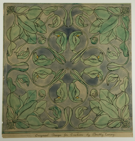 Painted design of mirrored green flowers, leaves and vines with yellow centres. Handwritten text on design at base reads 'original design for cushion by Dorothy Leviny'. 