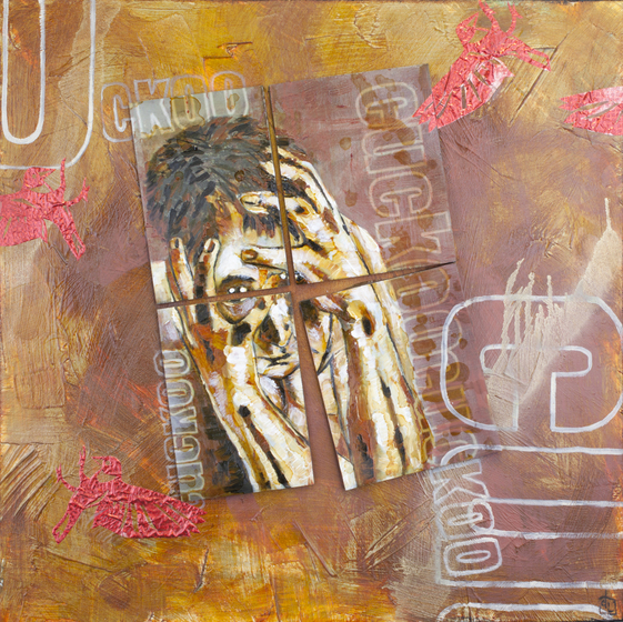 Artwork showing a person with arms and hands spread across their face, painted across fourseparated panels. The word 'Cuckoocuckoo' is written across the word, and there are red splotches of paint across. face with arms and hands across the