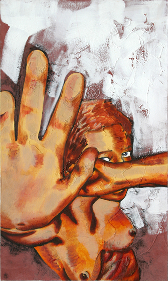 Painting of a topless woman viewed from above. She shields herself with her hands both over her face, and up towards the viewer.