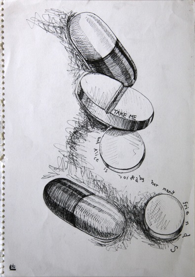 Page of a torn from a notebook with line drawn images of pills and tablets.
