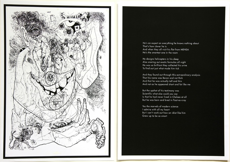 Two printed pages. The left shows a highly detailed line drawing with overlapped images of eyes, fingers, feet, animals and genera sketching. The page on the right is black with printed text. 