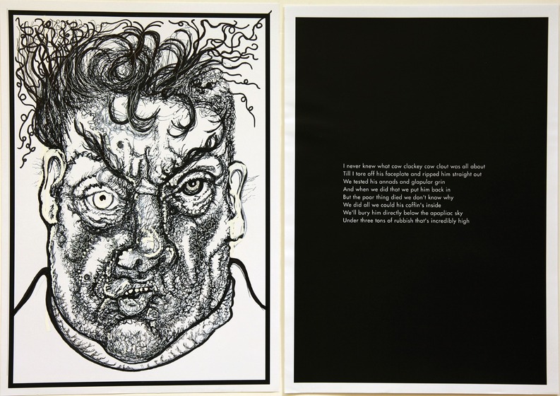 Two pages side by side. THe left page shows a highly detailed line drawing of a man's face with exaggerated eyes ad wrinkled bulging skin. The right page is black with white text printed on it.