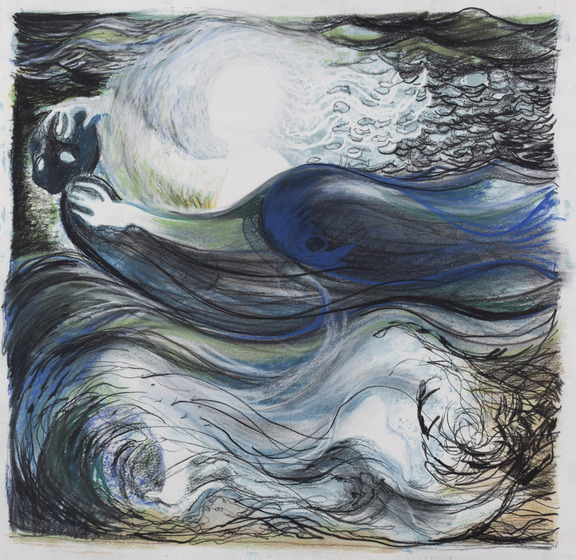 Painting of swirling blue, white green and black, forming to make a floating masked figure with a white figure behind.