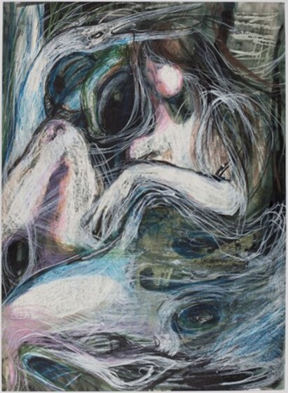 Painting of swirling blue, white, purple, brown and black, forming to make a seated female figure. 