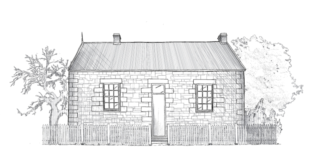 Line sketch drawing of small brick building or house with picket fence, door and two windows either side. Two trees are either side of the house.