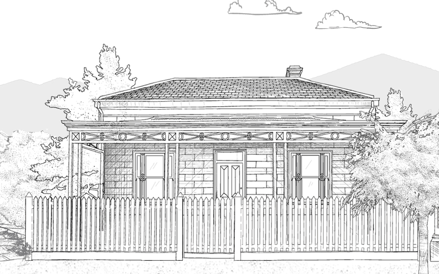 Line sketch drawing of small brick building or house with picket fence and gate, door and two windows either side and veranda. Trees are drawn surrounding.