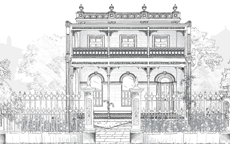 Line sketch drawing of two story terraced building behind an iron fence. Building has a door to the right on ground level and two arched windows to the left. Top story has three windows. Trees are drawn surrounding. 
