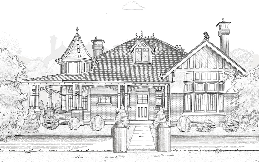 Line sketch drawing of a brick house behind a concrete fence. A bay window is drawn on the right side of the front of the house. There is a front porch and small shrubs lining the house in the front yard.