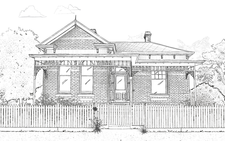 Line sketch drawing of a single story small brick house, with front porch behind a picket fence and gate. House has a front door centre, two windows to the right, and one window to the left. Trees drawn surrounding. 