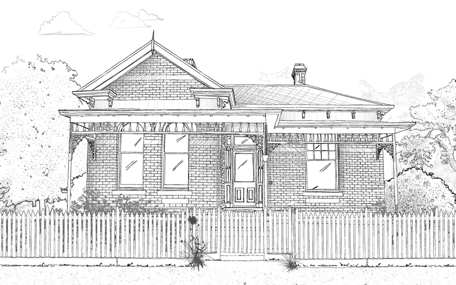 Line sketch drawing of a single story small brick house, with front porch behind a picket fence and gate. House has a front door centre, two windows to the right, and one window to the left. Trees drawn surrounding. 