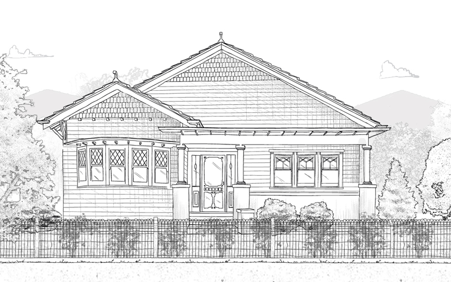 Line sketch drawing of single story weatherboard house behind a wire fence with vines growing over. The house features bay window to the left, steps leading up to central door, and set of three windows to right. Trees and shrubs drawn surrounding. 