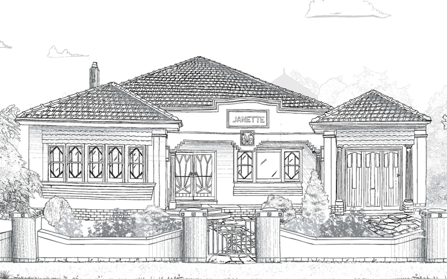 Line sketch drawing of single story render covered house behind a concrete fence. The house features a central double doors with ornate screen doors. A bay of five windows to the left, set of three windows to the right, and set of three french doors to the very right. Garden features shrubs, and the name 'Janette' features in the house stonework below the rooftop centre.