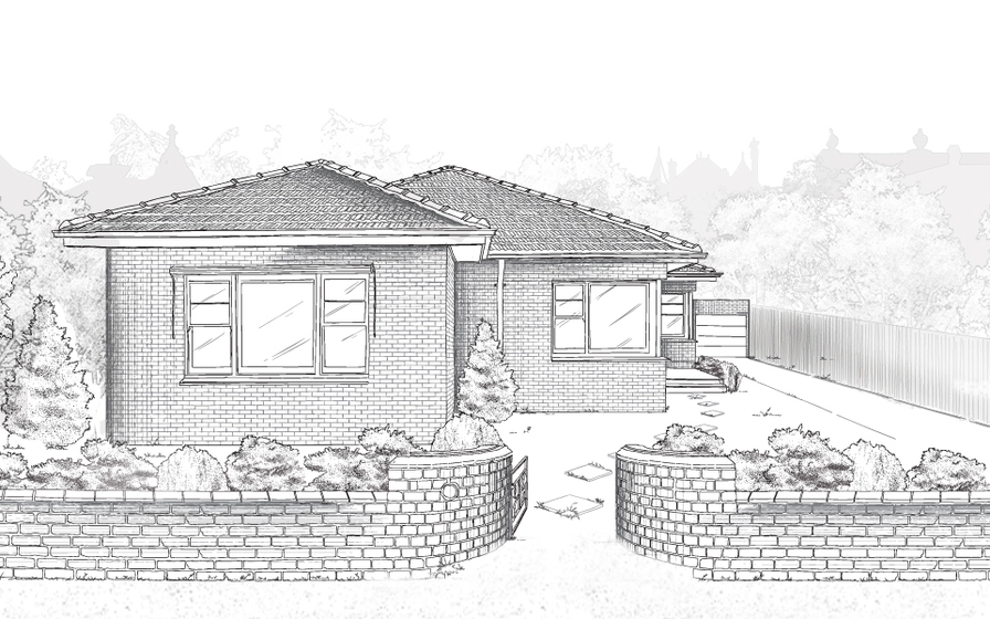 Line sketch drawing of single story brick house behind brick fence. There is a set of three windows to the front, further back to the right is a set of two windows, with a final window, step up, and garage on the right further back. Shrubs  and small trees drawn in the front yard. 