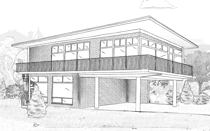Line sketch drawing of two story brick house with open carport on the right beneath the second story. Bottom story has two large windows to left. Upper story features wrap around veranda and three large windows. Trees drawn in background with one tree in front to left. There is an external spiral staircase to the left of the building.