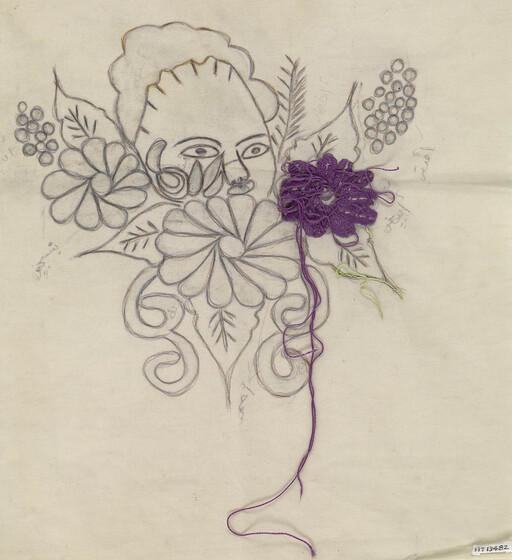Pencil drawing onto white fabric of a face surrounded by flowers and leaves. One flowers has been embroidered with magenta coloured thread.