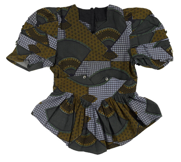Short-sleeved blouse made from olive green and different shades of brown patterned material.
