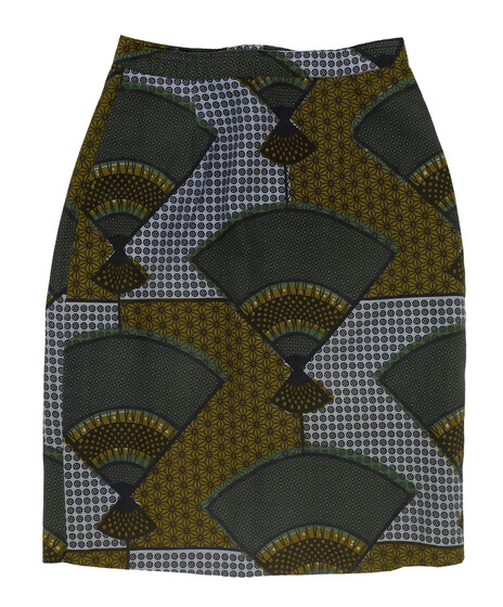 Short pencil skirt made from olive green and different shades of brown patterned material.