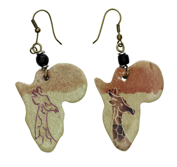 Two dangling earrings featuring a white and orange ceramic shape of Africa, with a giraffe neck and head on each.