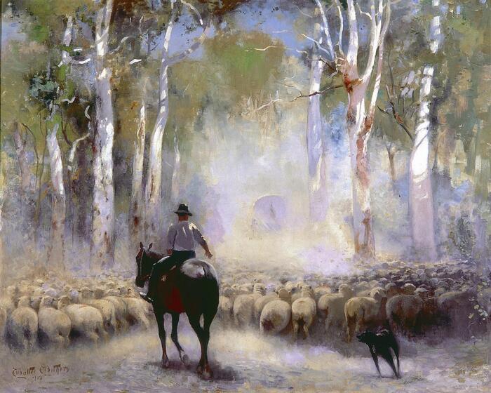 Painting of a man on a horse with a dog to the right, herding sheep through gum trees.