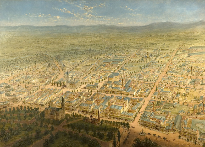 Painting of an aerial cityscape, with yellow buildings with blue roofs, a large building with a tower and expansive garden is in the foreground, with rolling hills seen behind.