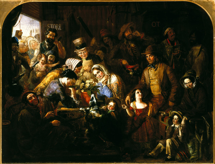 Painting of a crowded group of people in a dark room, with a window to the left with more people looking in. Lit in the centre is a woman in blue, with a white shawl over her head.