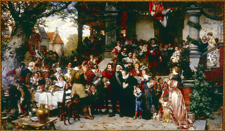 Painting of a crowded scene, set on the steps of a temple with a large tree on the left. The crowd is dressed in sixteenth and seventeenth century upper class clothing 