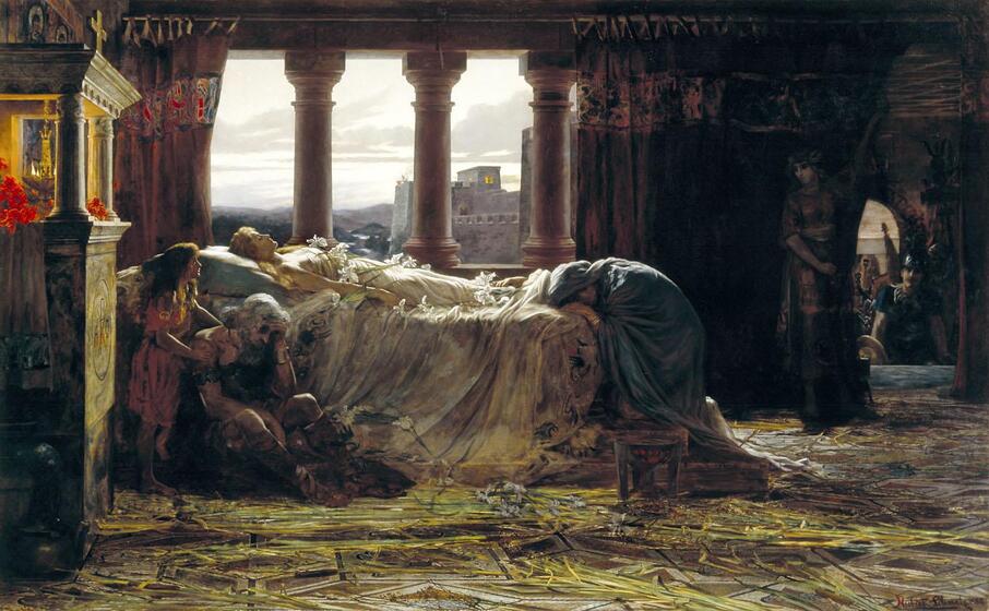 Painting of a woman laying on a bed in a room with columns lining the window behind. At the foot of the bed is a person with their face in the bed linen. To the left of the bed stands a child, with hands on the shoulders of a woman in front who has her head in her hands. 