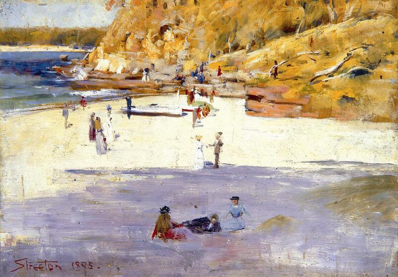 Painting of a beach scene with abstract figures of people painted across the sand. There is a cliff face to the back, with rocks at the base, and water to the left.