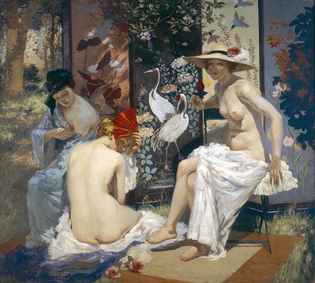 Painting of three women, two partially naked, seated outside with white clothing around their bodies in front of a screen with two white cranes and flowers on the side.