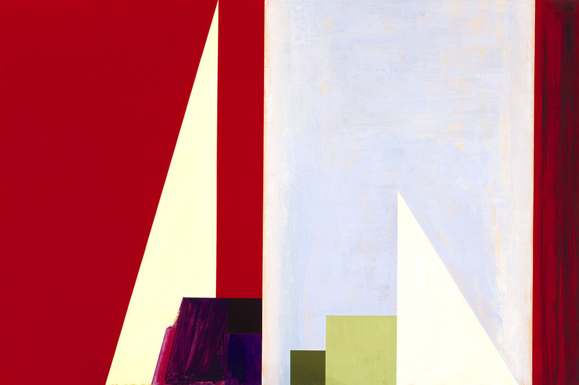 Abstract painting, featuring block triangles, thin rectangles and squares in various shares of red, green and white. 