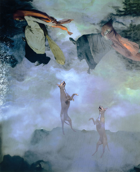 Artwork of two dogs leaping skyward to reach two human figures above. Image has the appearance of mist.