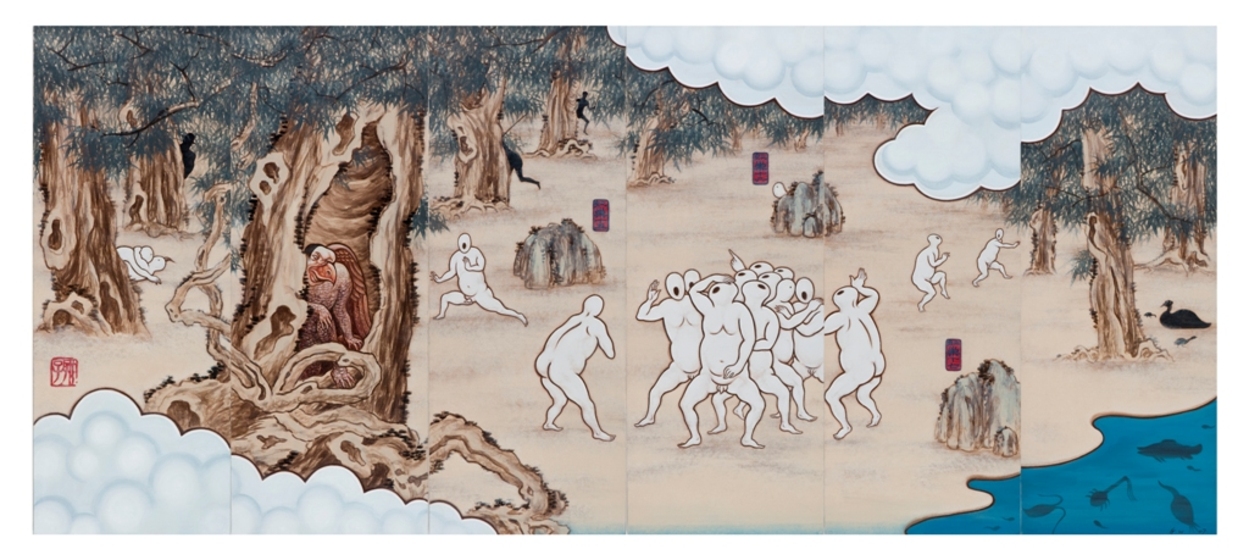 Drawing in colour of white male nude figures with no facial features, gathered together amongst a forest of trees with clouds surrounding. The largest tree to the left has a cavity in the trunk, inside which sits a large bird with human arms and torso.