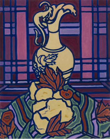 Abstract painting of a cream ornate vase on a background of pink, red and purple squares and rectangles. The case sits on a green and purple patterned surface with red leaves. 