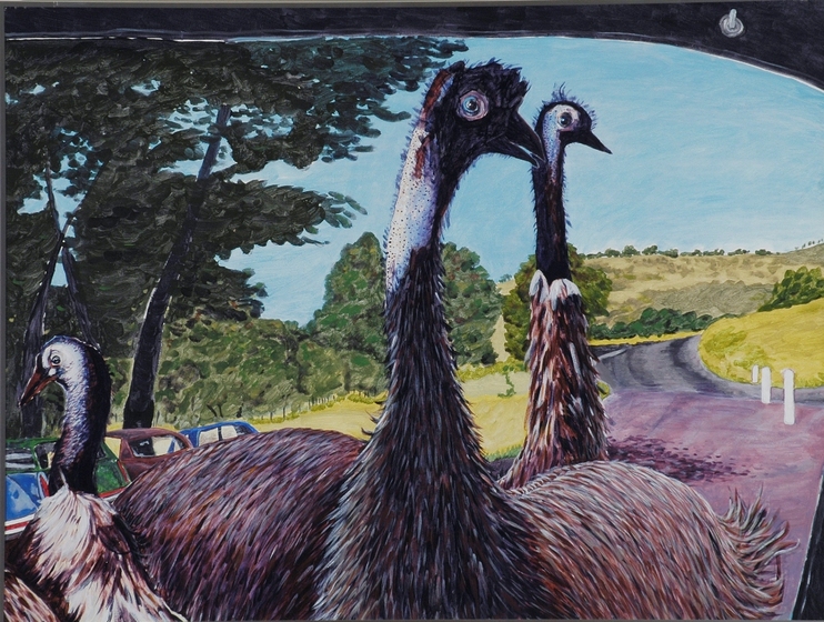 Painting of three emus viewed from inside a car, standing on a dirt road with green trees and hillside in the background.