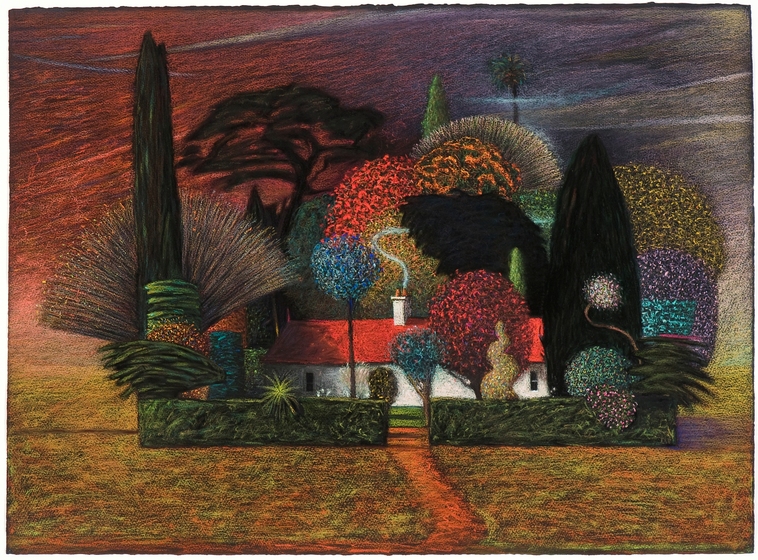 Surreal landscape painting of a white house with a red roof, surrounded by multiple trees and hedges of varying colours and shapes.