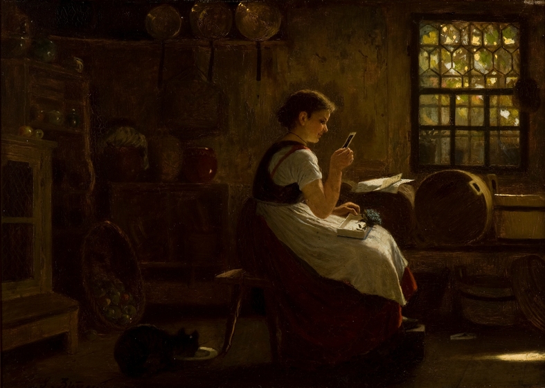 Painting of young woman kitting in a dimly lit 19th century style kitchen. A cat sits behind her drinking from a saucer, and she is looking at a card pulled form a box in her lap.