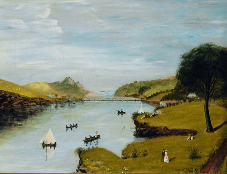 Painting of a river banked by green countryside. On the river are four row boats with people in them. There is a small bridge in the distance, and a man and woman walk on the banks in the foreground.