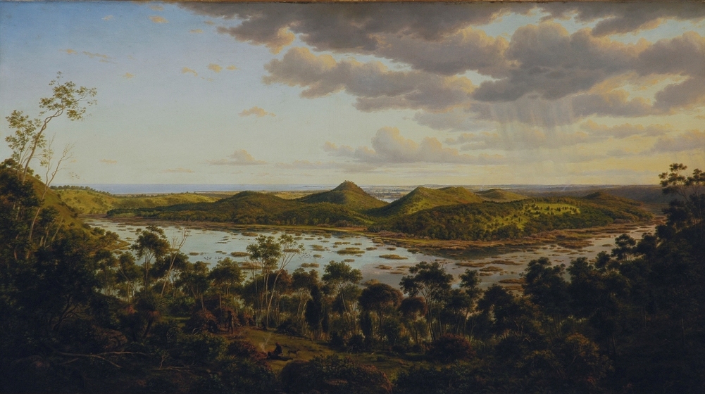 Landscape painting of a view overlooking a wide river, surrounded by bushland in the foreground, and small hills in the background.