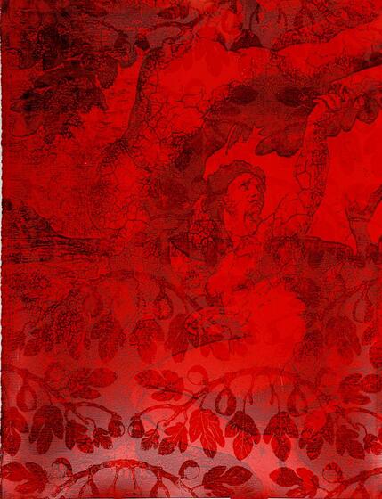 Red and black print of a woman seated beneath a tree. The image is overlaid with a floral pattern.