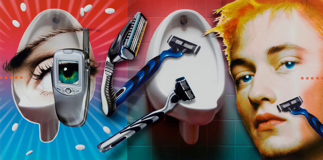 Artwork made up of three key images. On the left is an eye looking through a closed flip-style mobile phone. The iris can be seen in the phone's small screen. Centre are three hand held razors presented in front of a men's urinal. On the right is the face of a man with bright yellow hair and blue eyes, with a razor positioned across his face. 
