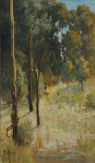 Painting of a landscape in portrait orientation, of Australian bushland. two figures can be seen in the distance.