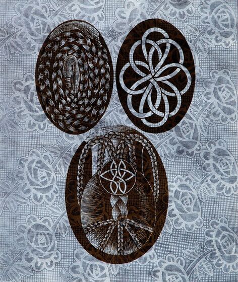Black and white print featuring three ovals of rope and braid patterns, on a background of flowers. 