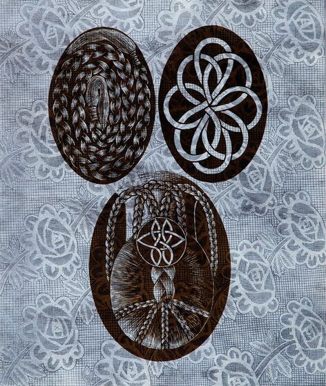 Black and white print featuring three ovals of rope and braid patterns, on a background of flowers. 
