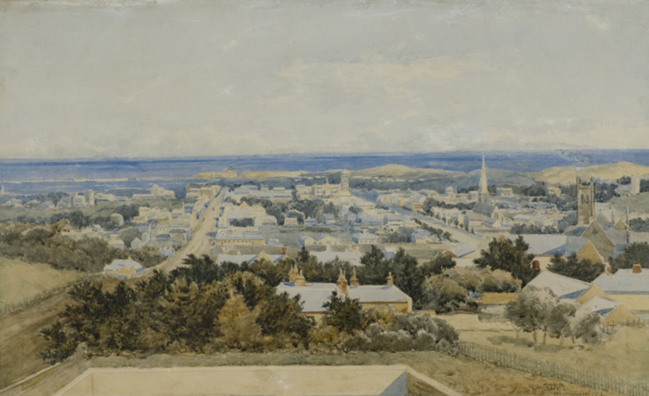 Painting of a small cityscape with a body of water in the distance.