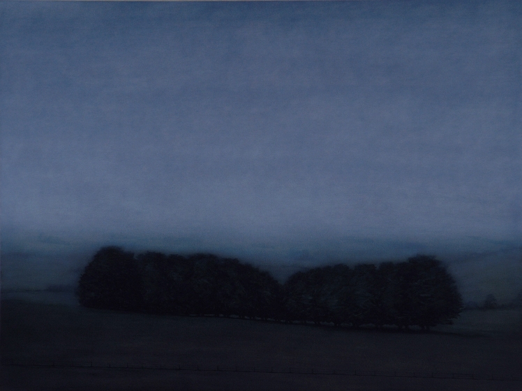 Painting of a row of trees standing in a field. The work is in dark blues and greys, as if there is very little sunlight.