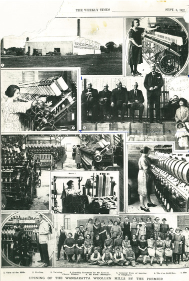 Single photo page from a newspaper, showing a series of eight black and white photographs, featuring groups of workers, women at looms, and a factory building.