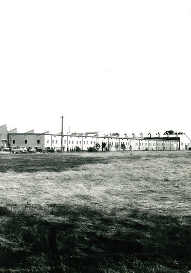 Row of factory buildings seen from far away across a field. There is an expanse of sky above.