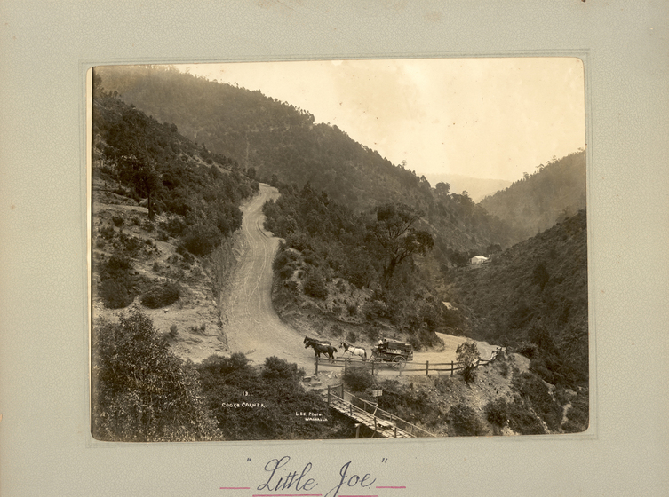 Black and white landscape photograph of a dirt road winding up a tree-covered hill side. On the road is a cart or buggy pulled by three horses. In the foreground are wooden fences and a small timber bridge.  Text on the surrounding mount board reads, "Little Joe".